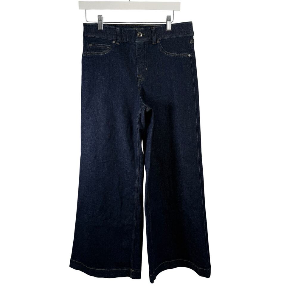 Spanx Wide Leg Pull On Jeans Raw Indigo Dark Wash Stretch Hi Rise Womens Large - Picture 2 of 11